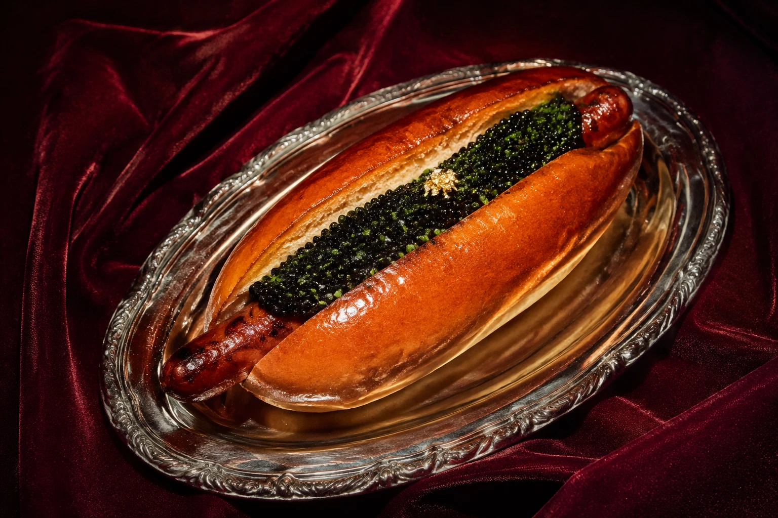 The Caviar Affair with caviar, chives, and gold leaf on a silver platter