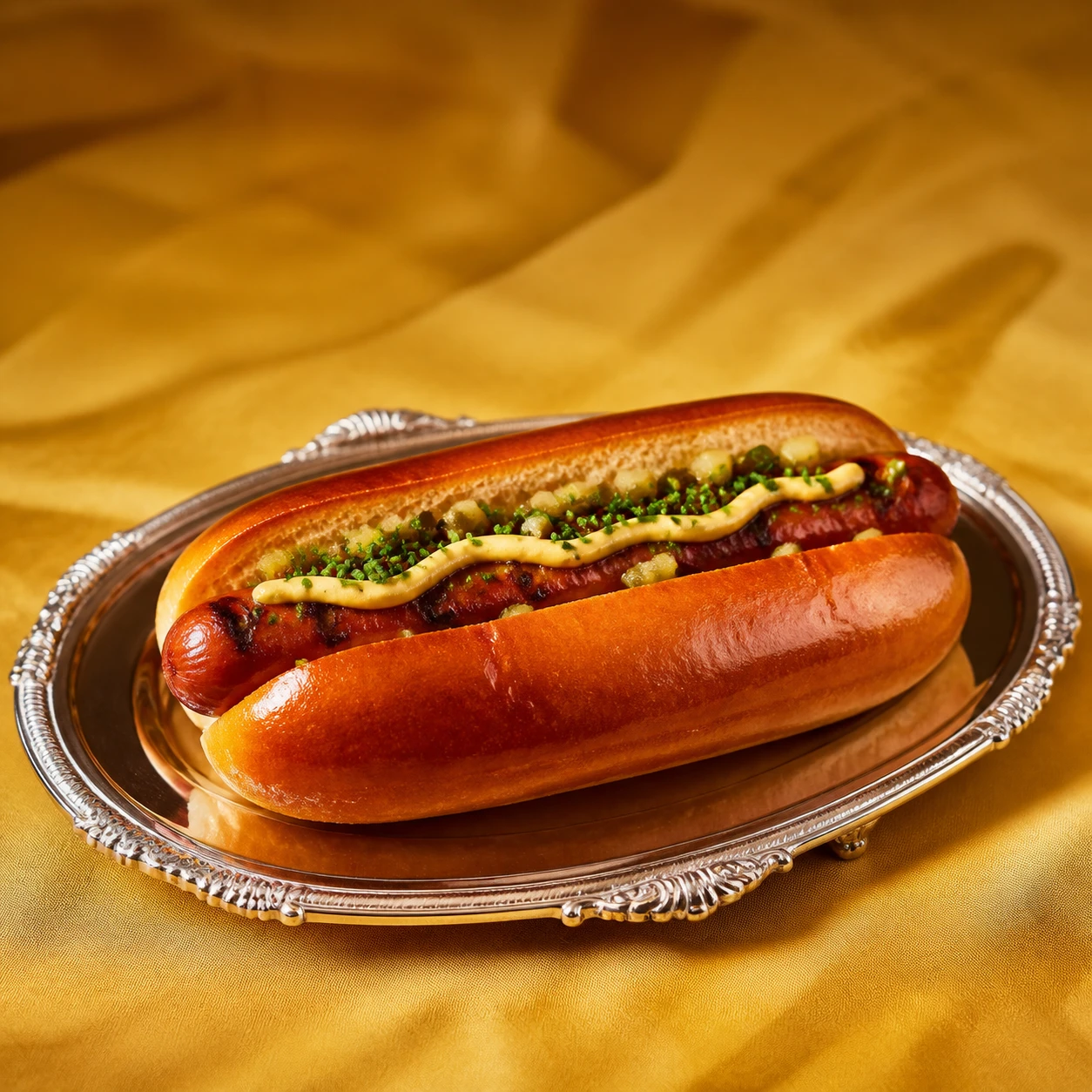 The original hotdog with Dijon mustard and cornichons on a silver tray