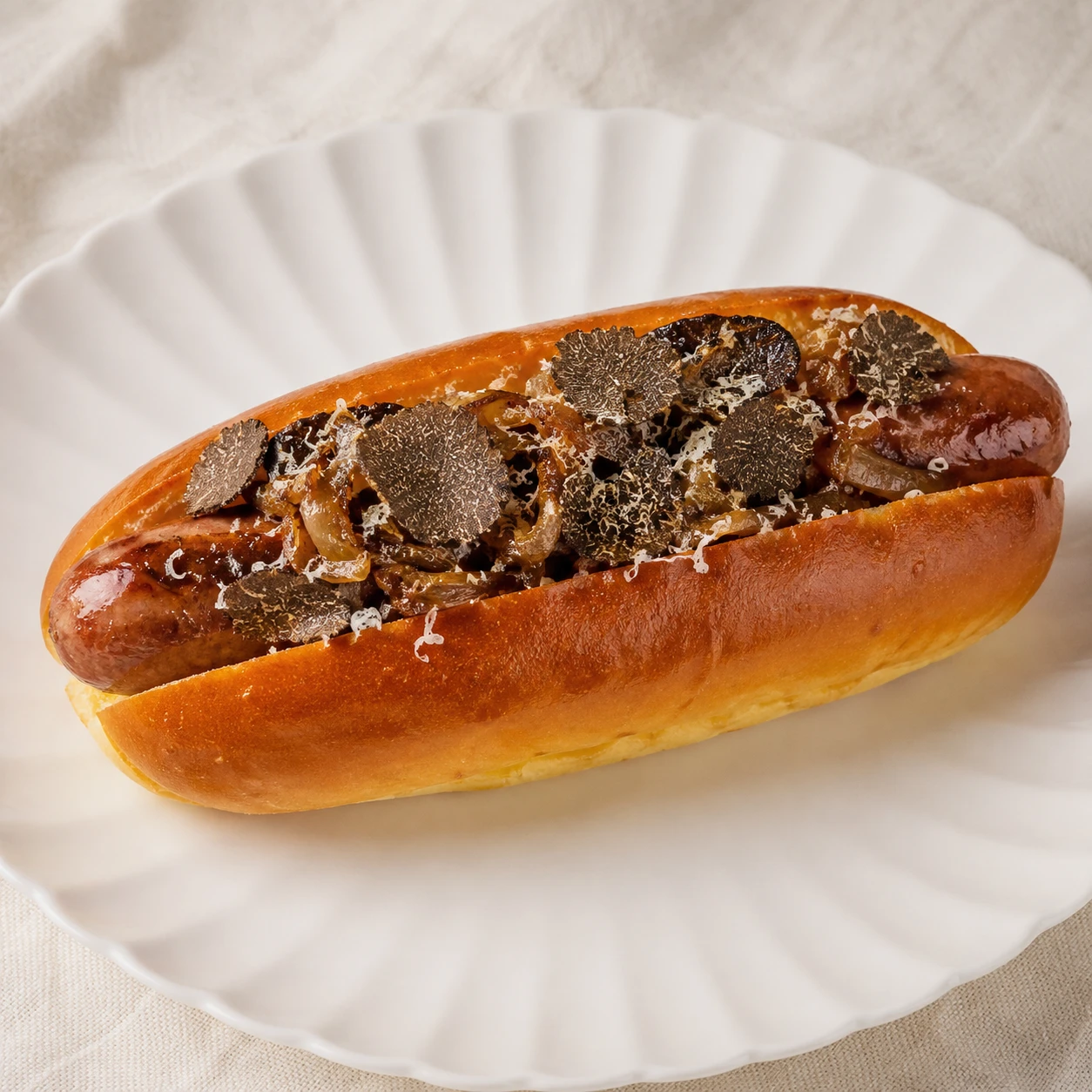 A gourmet brioche hotdog with shaved black truffle on white porcelain